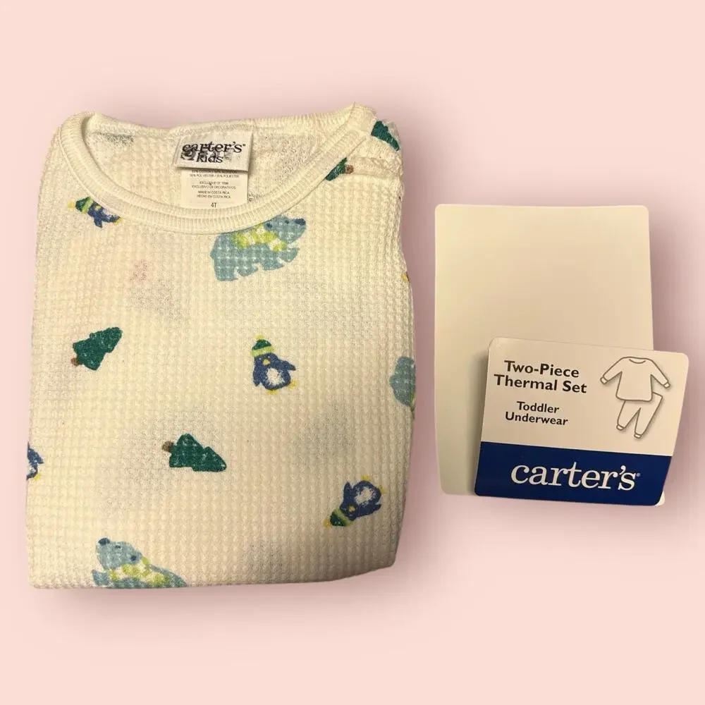 Vtg New Carters Toddler Boy Pajama Set NOS Sz 4T Thermal Christmas Tree White